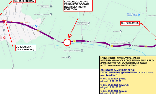 Mapa Marklowic z zaznaczoną drogą ul. Wyzwolenia i wskazaniem odcinka drogi, która będzie zamknięta w dniach 26-28 sierpnia