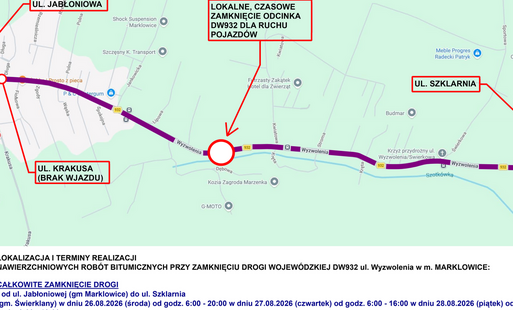 Mapa Marklowic z zaznaczonym remontowanym odcinkiem ulicy Wyzwolenia, która będzie zamknięta dla ruchu