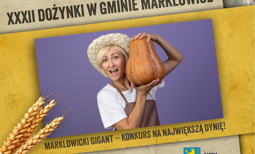 Ozdobna ramka nawiązująca do stylistyki plakatu na tegoroczne Dożynki w Gminie Marklowice, w środku zdjęcie z kobietą trzymającą w rękach dynię, na fioletowym tle