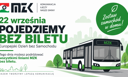Płaska grafika autobusu, logo MZK i informacja 22 września Europejski dzień bez samochodu - tego dnia możesz podróżować wszystkimi liniami MZK bez biletu