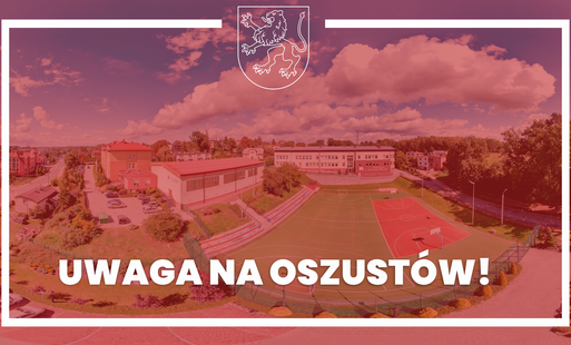 Zblurowane zdjęcie panoramiczne z lotu ptaka z widokiem na gminę Marklowice, na tym czerwona półprzezroczysta apla, biała ramka i herb gminy, napis uwaga na oszustów